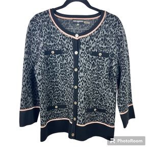 Karl Lagerfeld Paris Women’s Black and Gray Leopard Print Button Down Sweater L